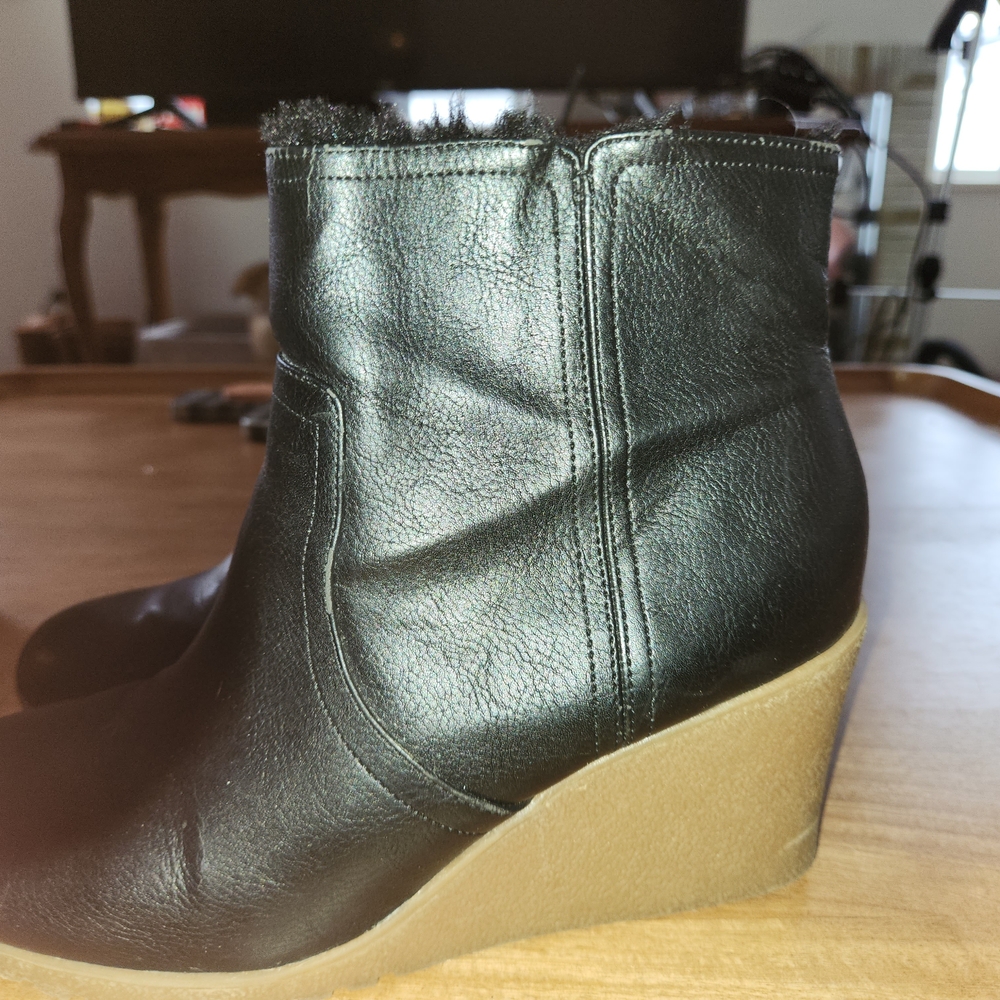Elegant Black Leather Wedge Preppy  Ankle Boots - Picture 2 of 9